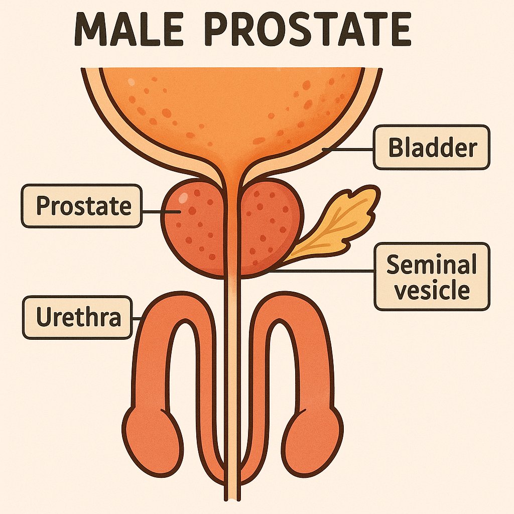 Cartoon-style anatomical illustration of the male prostate, showing labeled parts including bladder, urethra, prostate gland, and seminal vesicle. Ideal for medical education, prostate health awareness, and anatomy learning