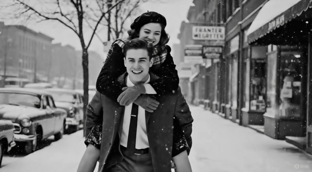 Vintage black and white photo of a joyful young couple in retro 1950s fashion, man giving woman a piggyback ride on a snowy Parisian street with falling snowflakes, classic cars, and storefronts, capturing playful romantic winter love in Paris

