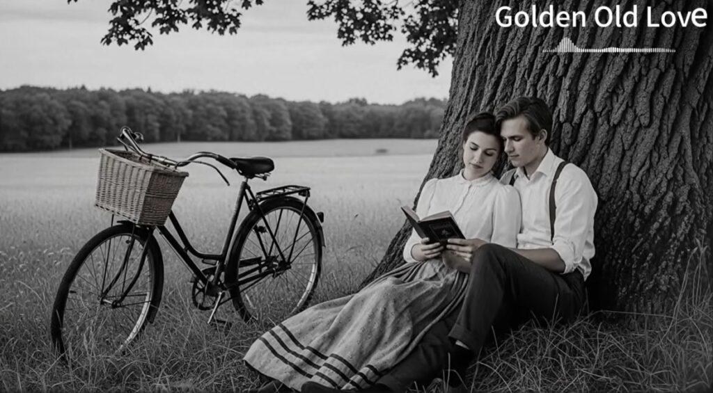 Vintage black and white photo of a romantic young couple sitting under an old oak tree, sharing a book in a serene meadow with a classic bicycle nearby, evoking timeless golden old love

